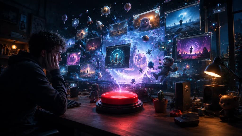A bored person at a desk staring at a glowing red button surrounded by floating browser windows