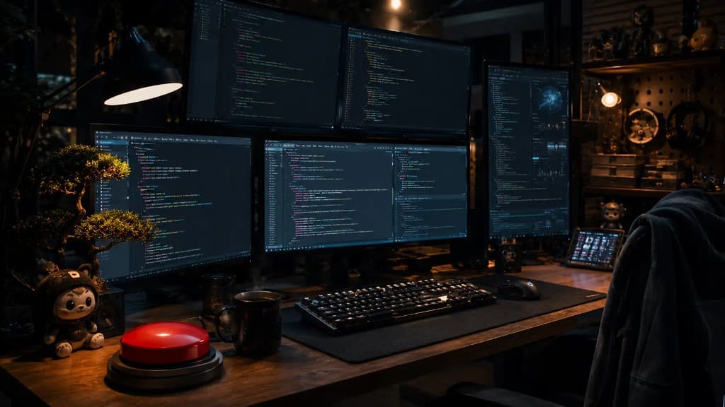 A programmer desk with multiple monitors, a glowing red novelty button, and developer accessories
