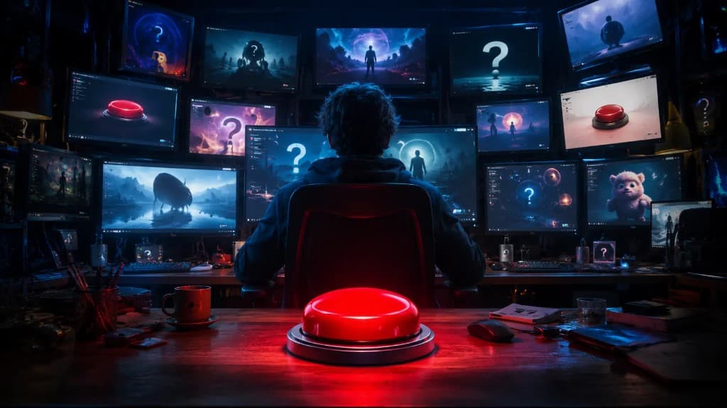 A glowing red button on a desk facing a wall of mysterious computer monitors