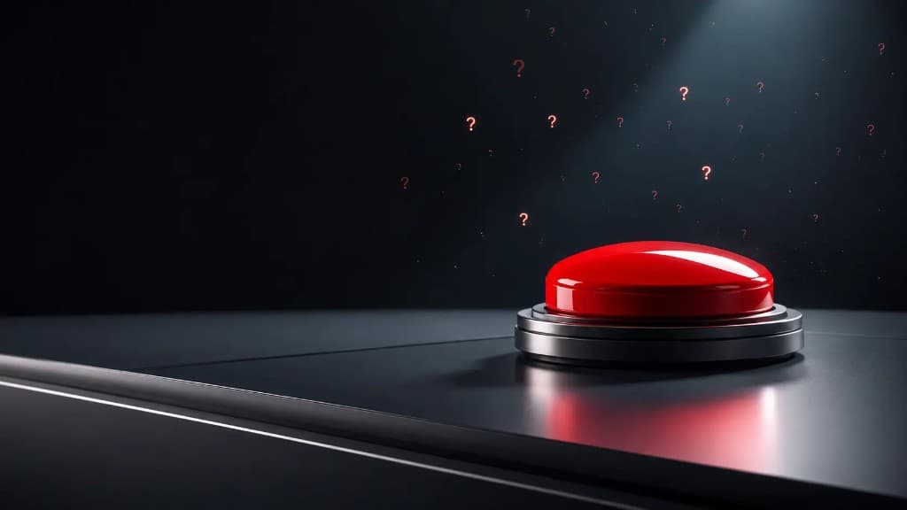 A glowing red novelty button under a spotlight in a dark room