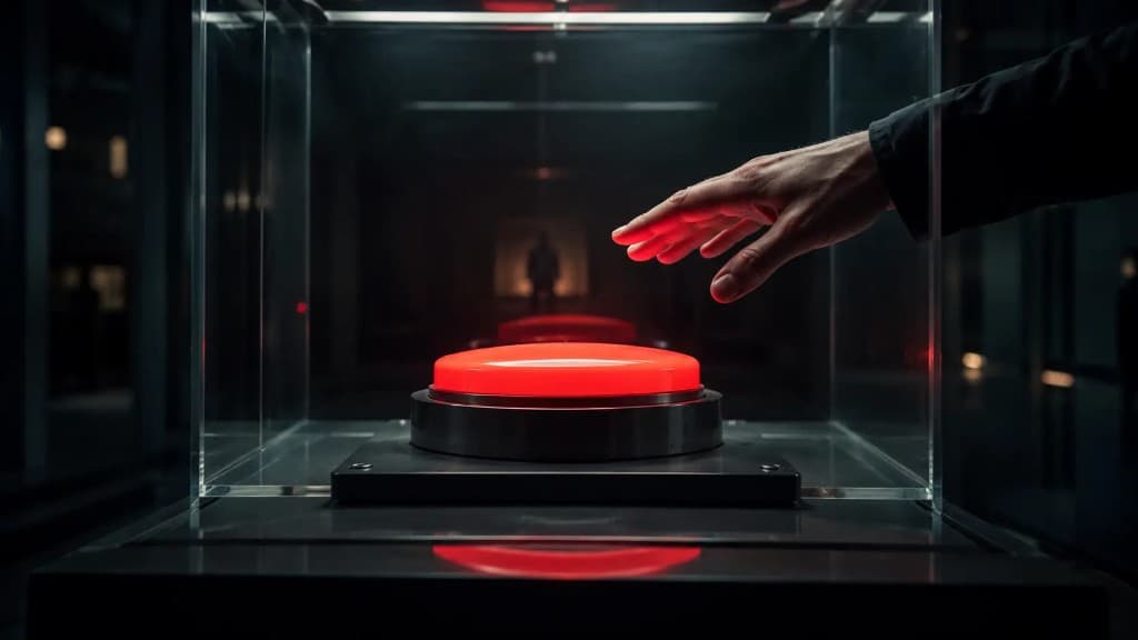 A hand reaching toward a glowing red button inside a glass display case